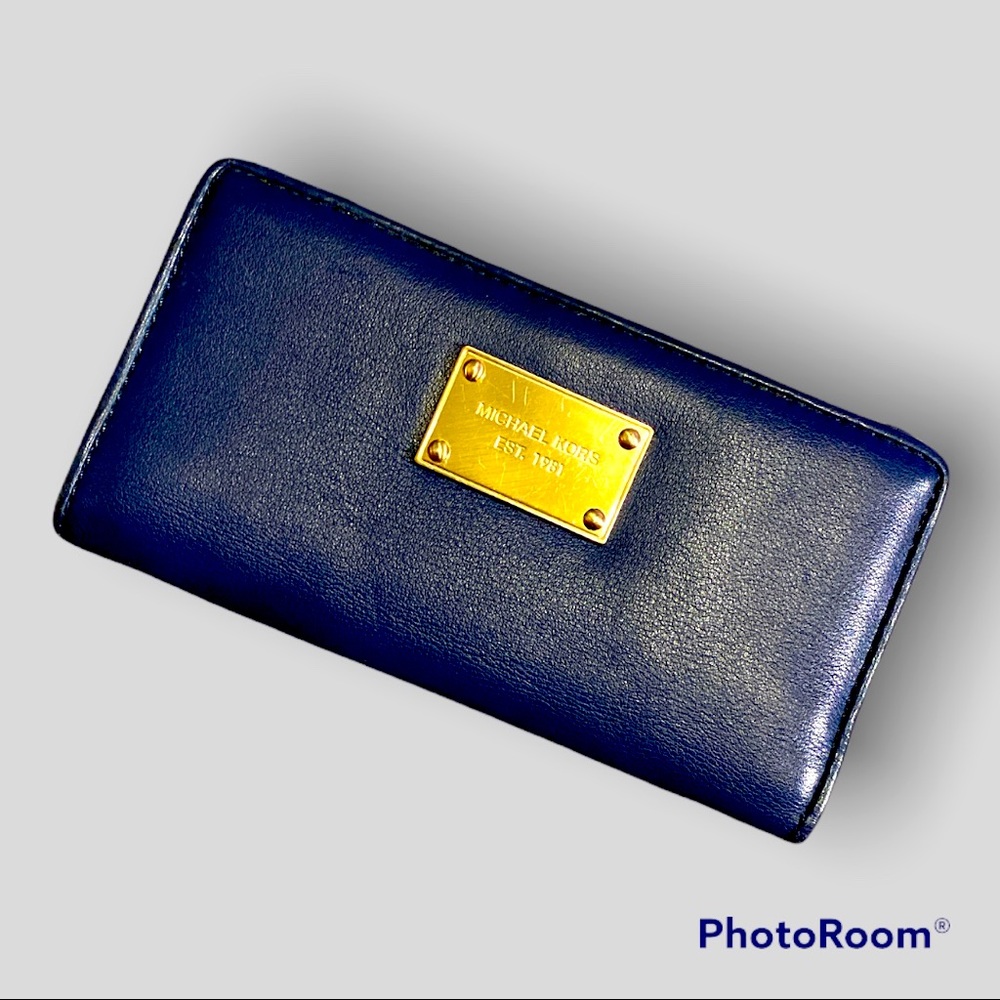 Michael Kors Navy Leather Zip Wallet with Gold Plaque